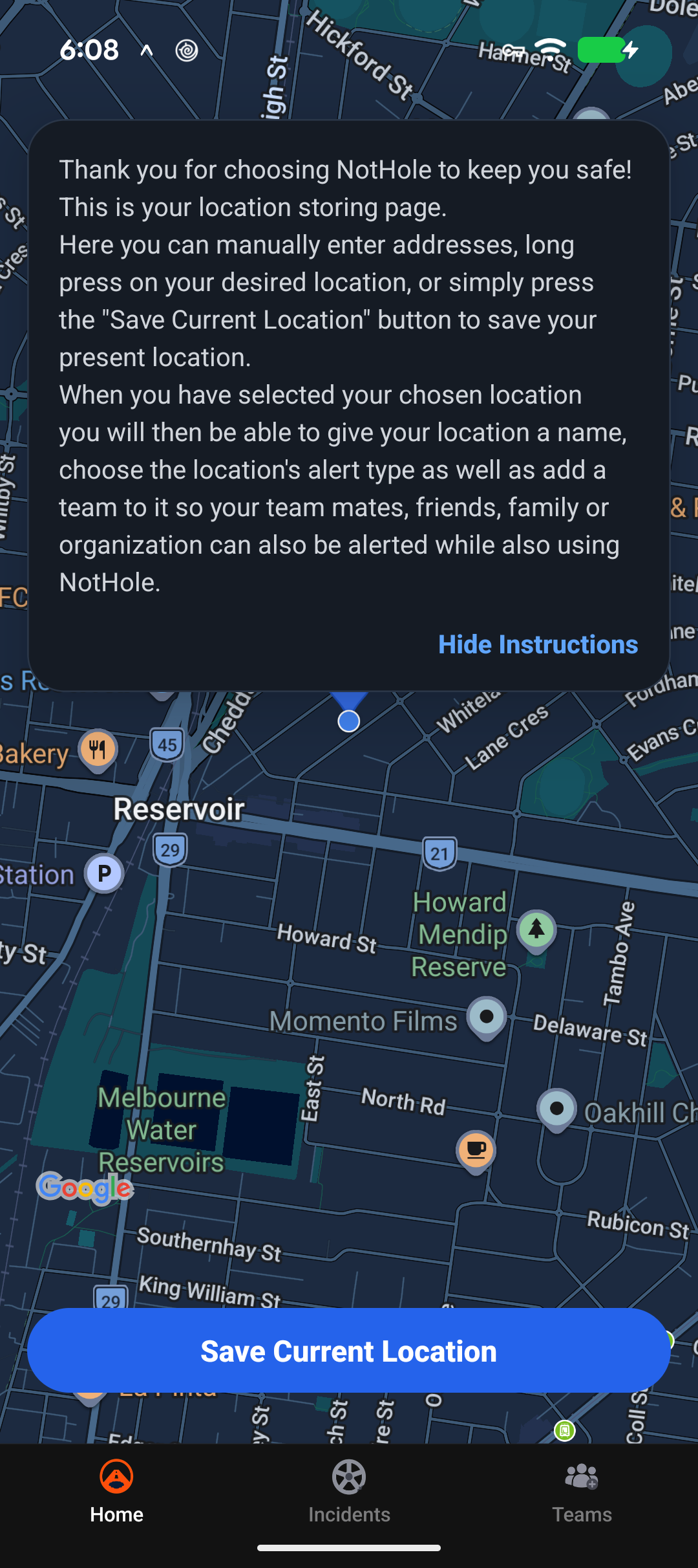 Save locations screen